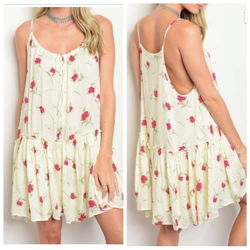 Cream Floral Print Ruffle Dress